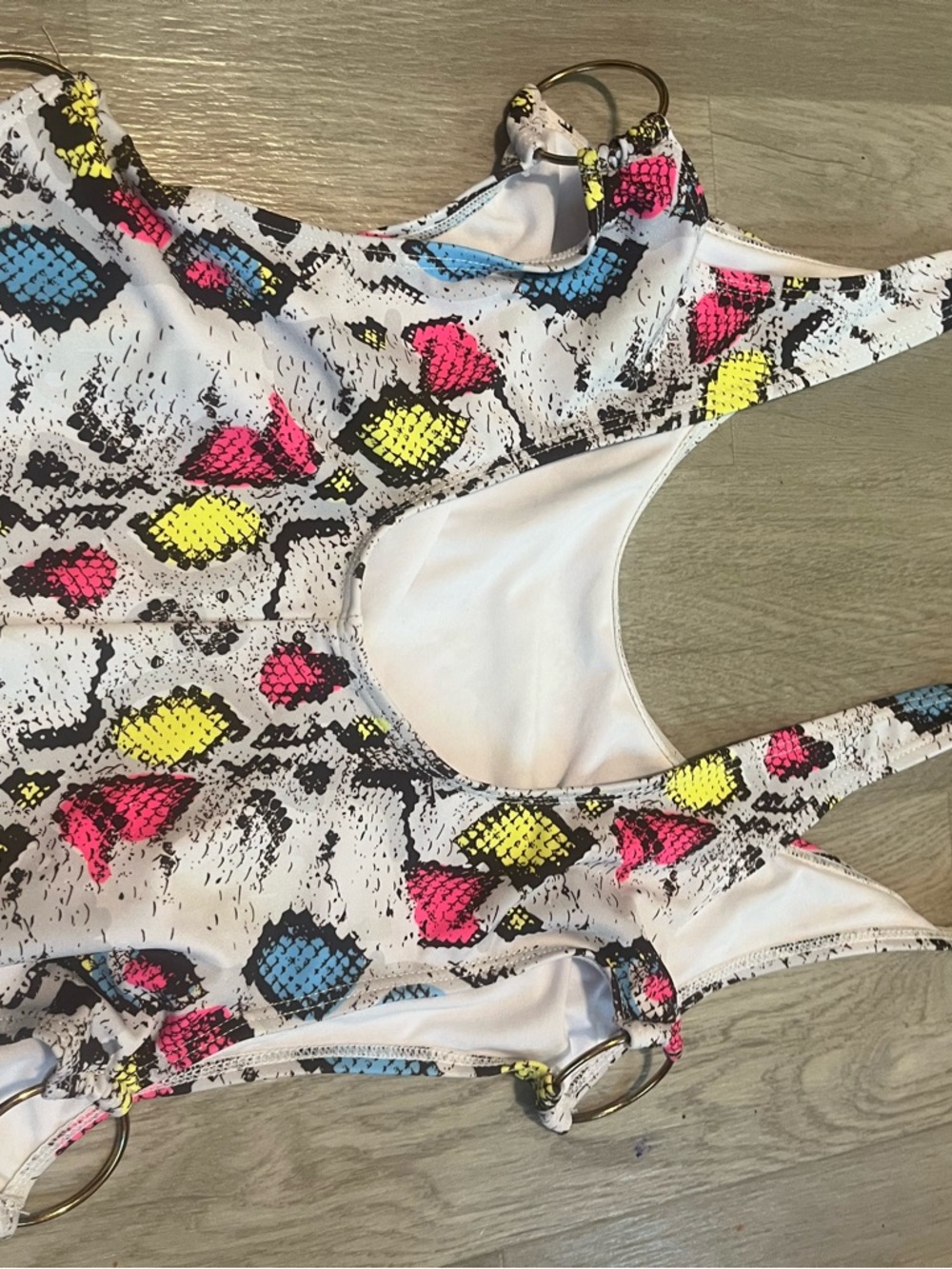Fashion Nova Neon Snake-Print One-Piece Swimsuit in Pink,‎ Blue & Yellow - Picture 3 of 8